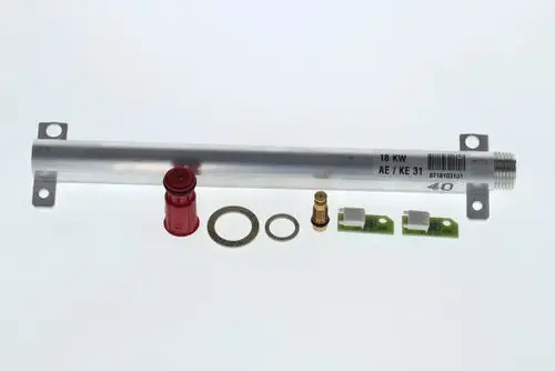 Aluminiumrohr mit Zubehörteilen, darunter eine rote Kappe, Dichtungen und elektronische Komponenten, zur Verwendung in Bosch-Systemen.